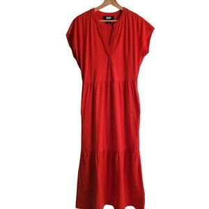 DKNY Red Knit Long Dress S Cotton Tiered Skirt Classic Maxi w POCKETS